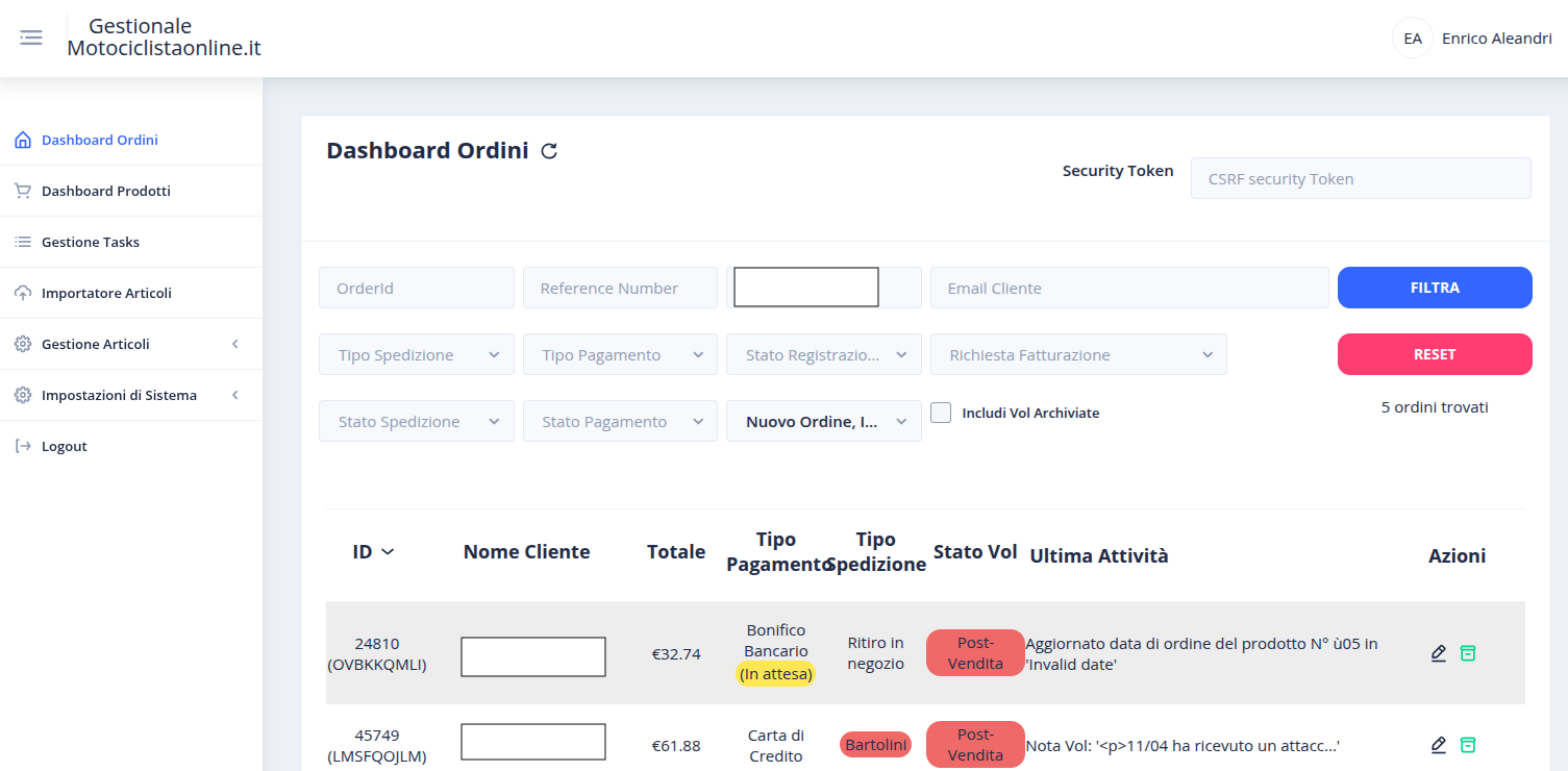 Motociclistaonline — gestionale custom per e-commerce moto