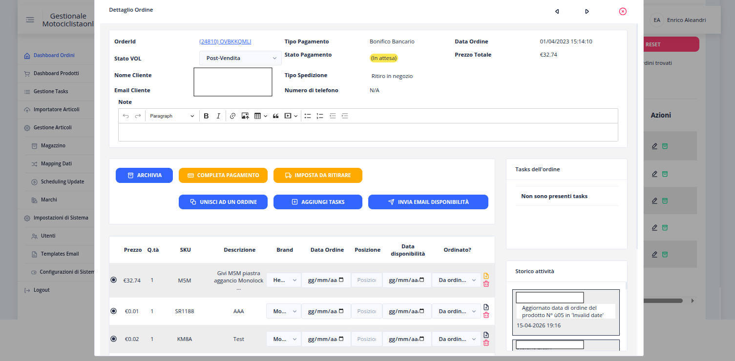 Motociclistaonline — gestionale custom per e-commerce moto