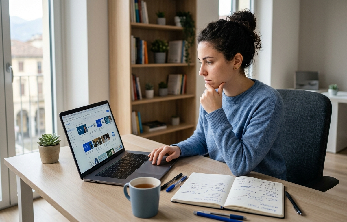 corsi online Professionista valuta corsi di marketing digitale online su laptop in un ambiente di studio luminoso e moderno