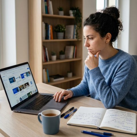 corsi online Professionista valuta corsi di marketing digitale online su laptop in un ambiente di studio luminoso e moderno