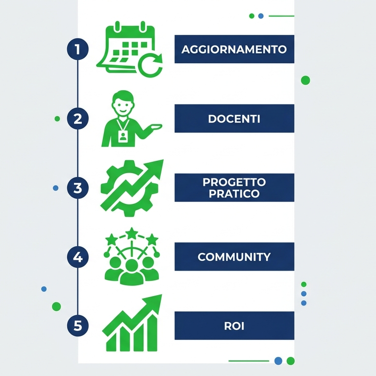 Infografica con i 5 criteri per valutare un corso di marketing digitale: aggiornamento, docenti, progetto pratico, community e ROI