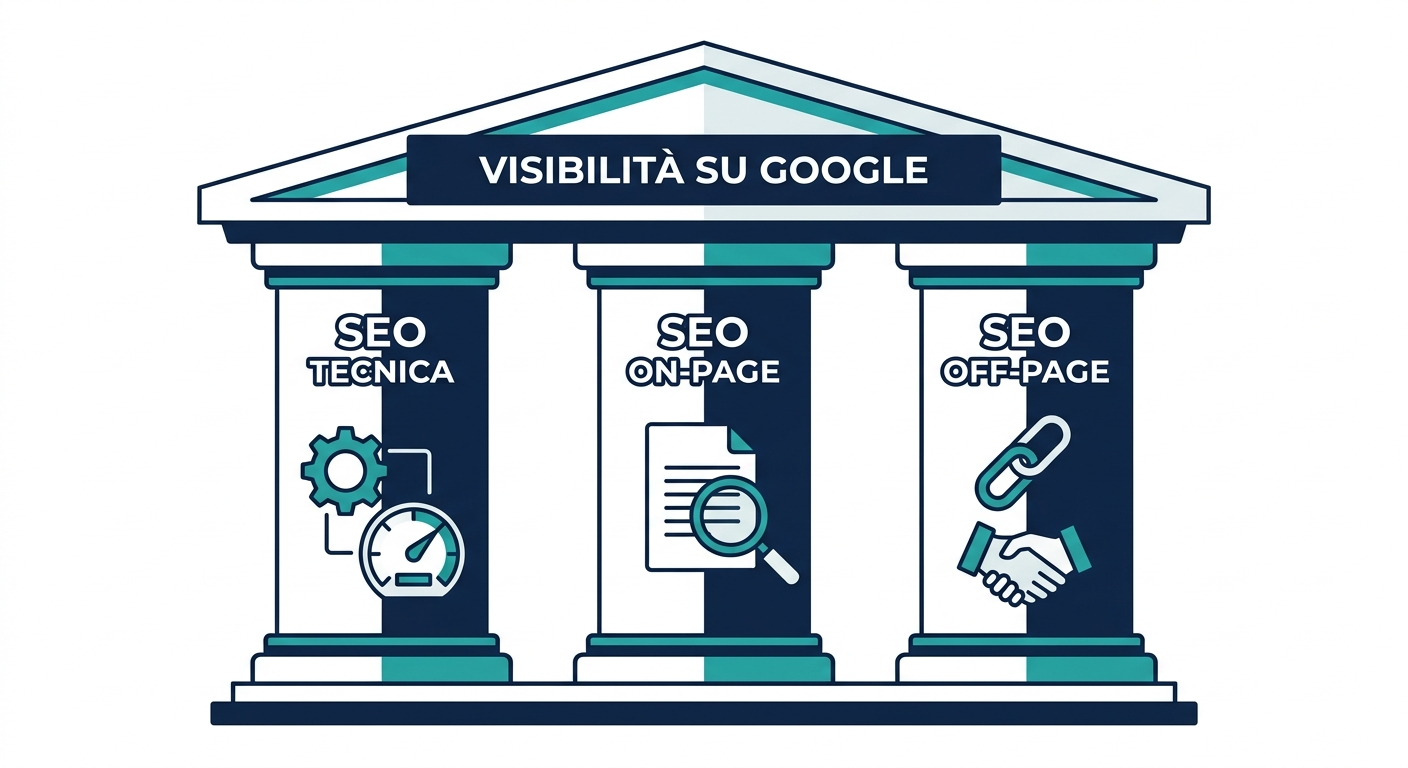 Infografica dei 3 pilastri della SEO: tecnica, on-page e off-page come fondamenta della visibilità su Google