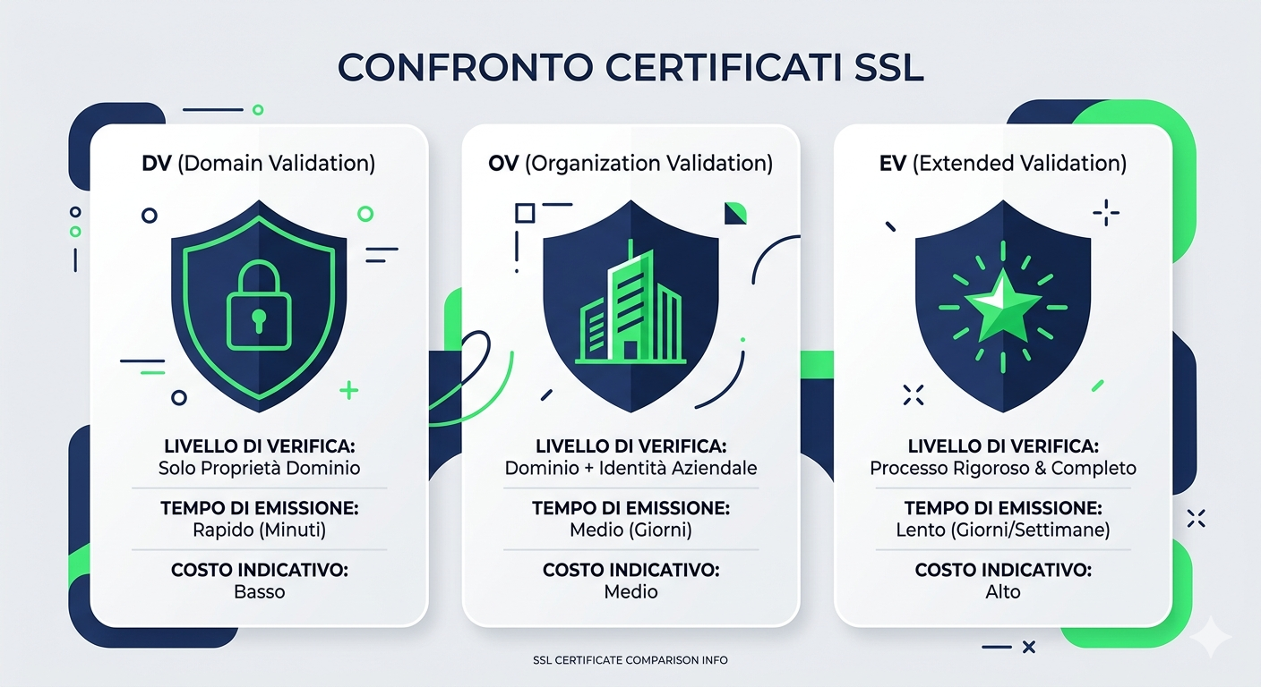 Infografica che confronta i 3 tipi di certificato SSL: DV, OV e EV con livello di verifica, tempi e costi