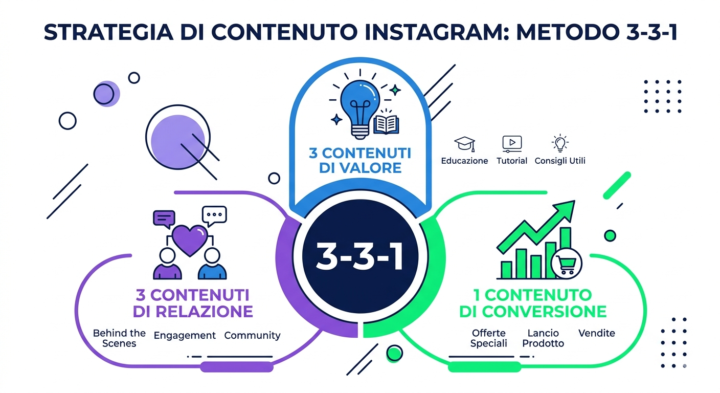 Infografica del metodo 3-3-1 per la strategia di contenuto Instagram: 3 contenuti di valore, 3 di relazione, 1 di conversione