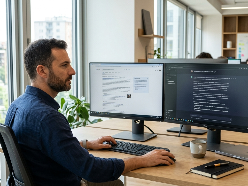 Professionista del marketing analizza i risultati di Google AI Overviews e ChatGPT su due monitor in un ufficio moderno