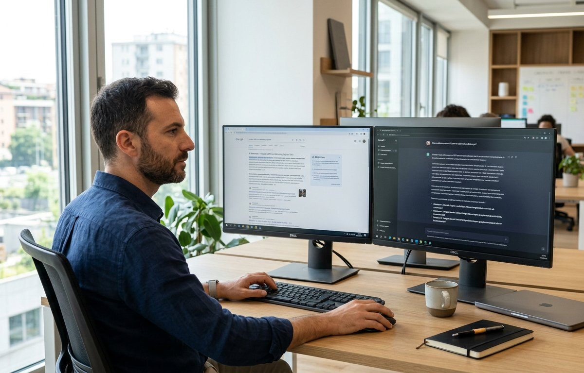 Professionista del marketing analizza i risultati di Google AI Overviews e ChatGPT su due monitor in un ufficio moderno