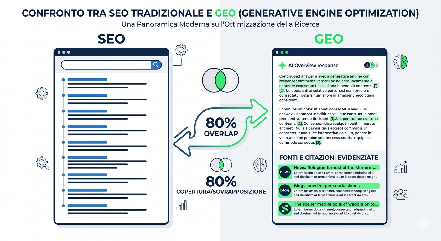 Infografica che confronta SEO tradizionale e Generative Engine Optimization (GEO): obiettivi, metriche e sovrapposizione tra le due strategie