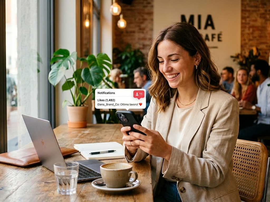 Imprenditrice analizza le performance di Instagram sul suo smartphone in un caffè moderno