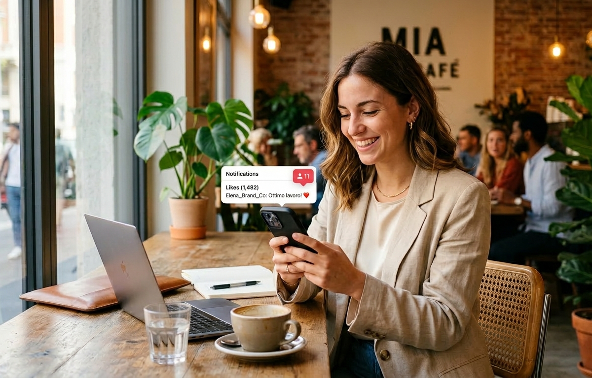 donna_copertina_ig Imprenditrice analizza le performance di Instagram sul suo smartphone in un caffè moderno