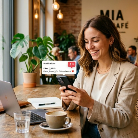Imprenditrice analizza le performance di Instagram sul suo smartphone in un caffè moderno