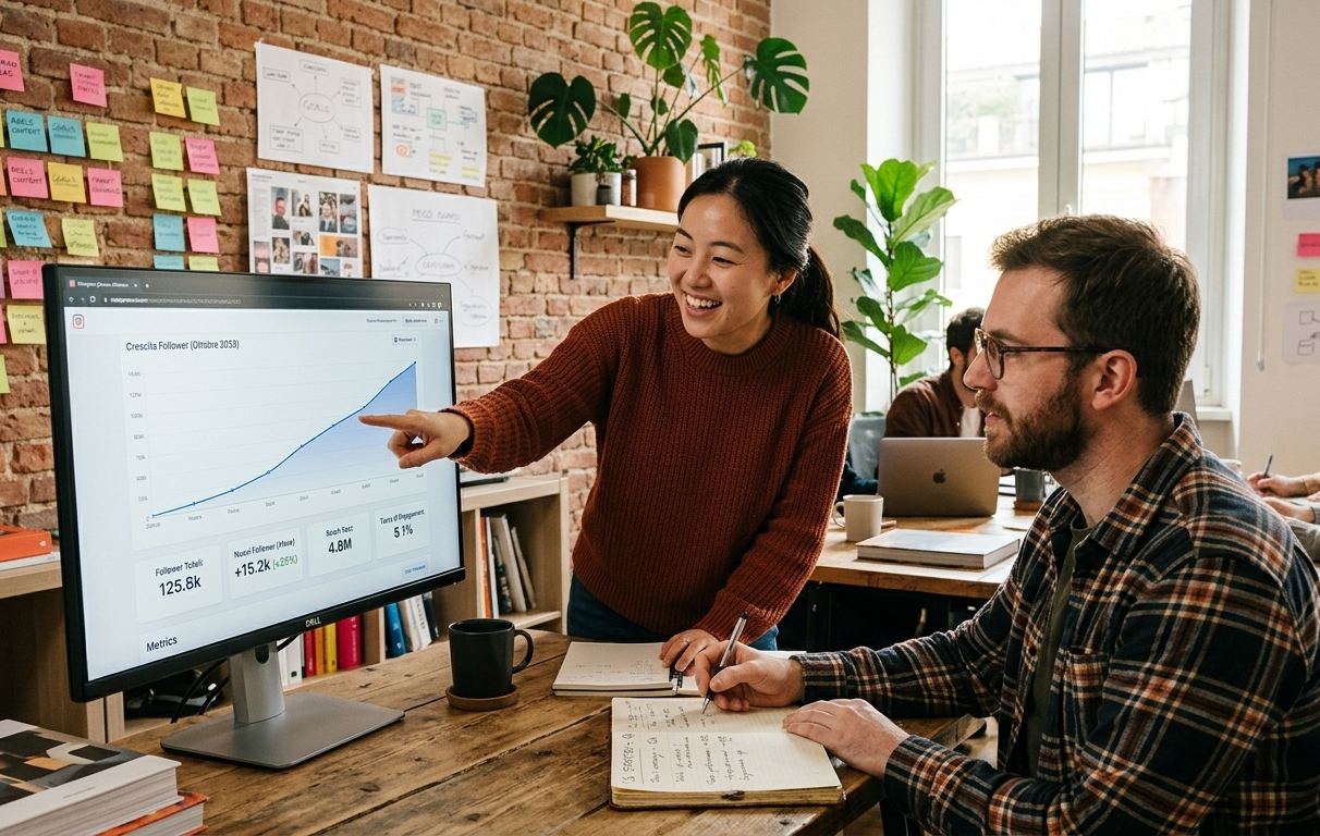 Team di marketing analizza le metriche dell'algoritmo Instagram 2026 su un grande monitor in un ufficio creativo