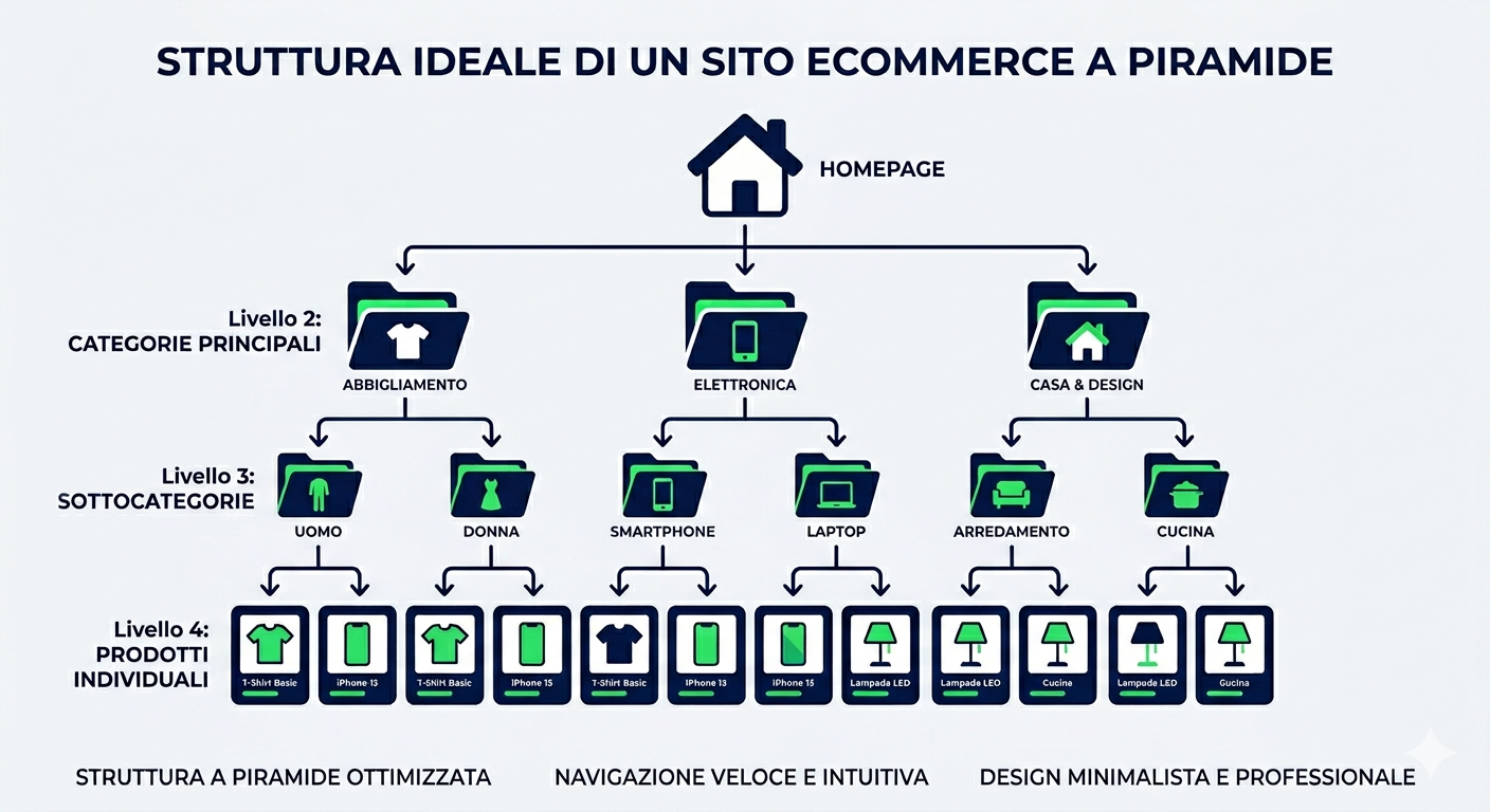 Infografica della struttura ideale di un sito ecommerce: homepage, categorie, sottocategorie e prodotti raggiungibili in 3 clic