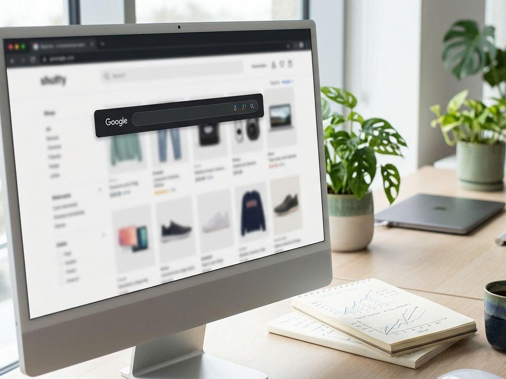Schermo con ecommerce e barra di ricerca Google in un ambiente di lavoro moderno per SEO ecommerce
