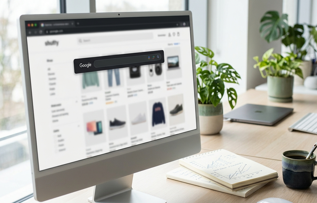 Gemini_Generated_Image_ce44svce44svce44 Schermo con ecommerce e barra di ricerca Google in un ambiente di lavoro moderno per SEO ecommerce