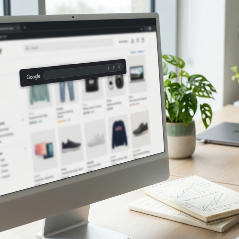 Schermo con ecommerce e barra di ricerca Google in un ambiente di lavoro moderno per SEO ecommerce