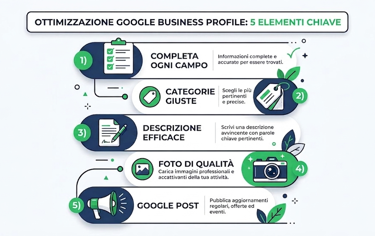 Infografica con i 5 elementi chiave per ottimizzare il Google Business Profile: campi completi, categorie, descrizione, foto e post