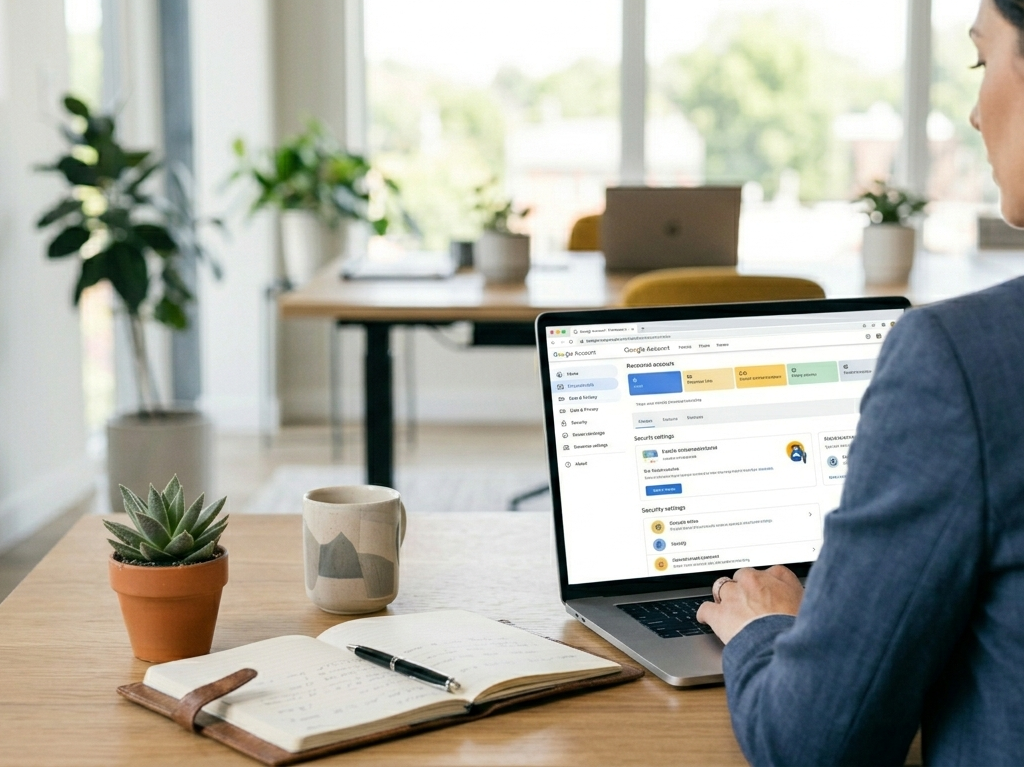 Professionista studia per la certificazione Google Ads su laptop in un ambiente di lavoro luminoso e moderno