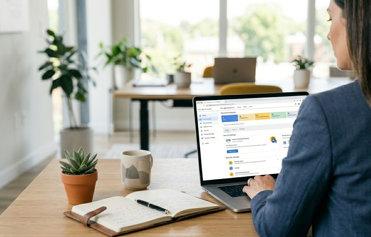 Professionista studia per la certificazione Google Ads su laptop in un ambiente di lavoro luminoso e moderno