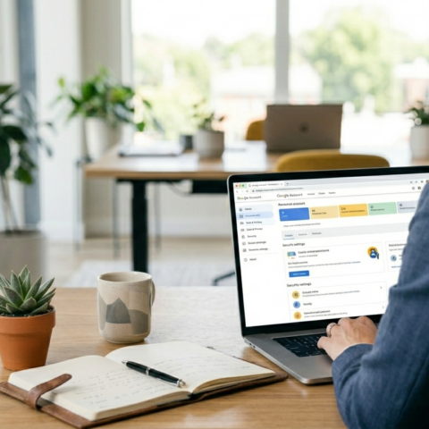 Gemini_Generated_Image_ux7vpaux7vpaux7v Professionista studia per la certificazione Google Ads su laptop in un ambiente di lavoro luminoso e moderno