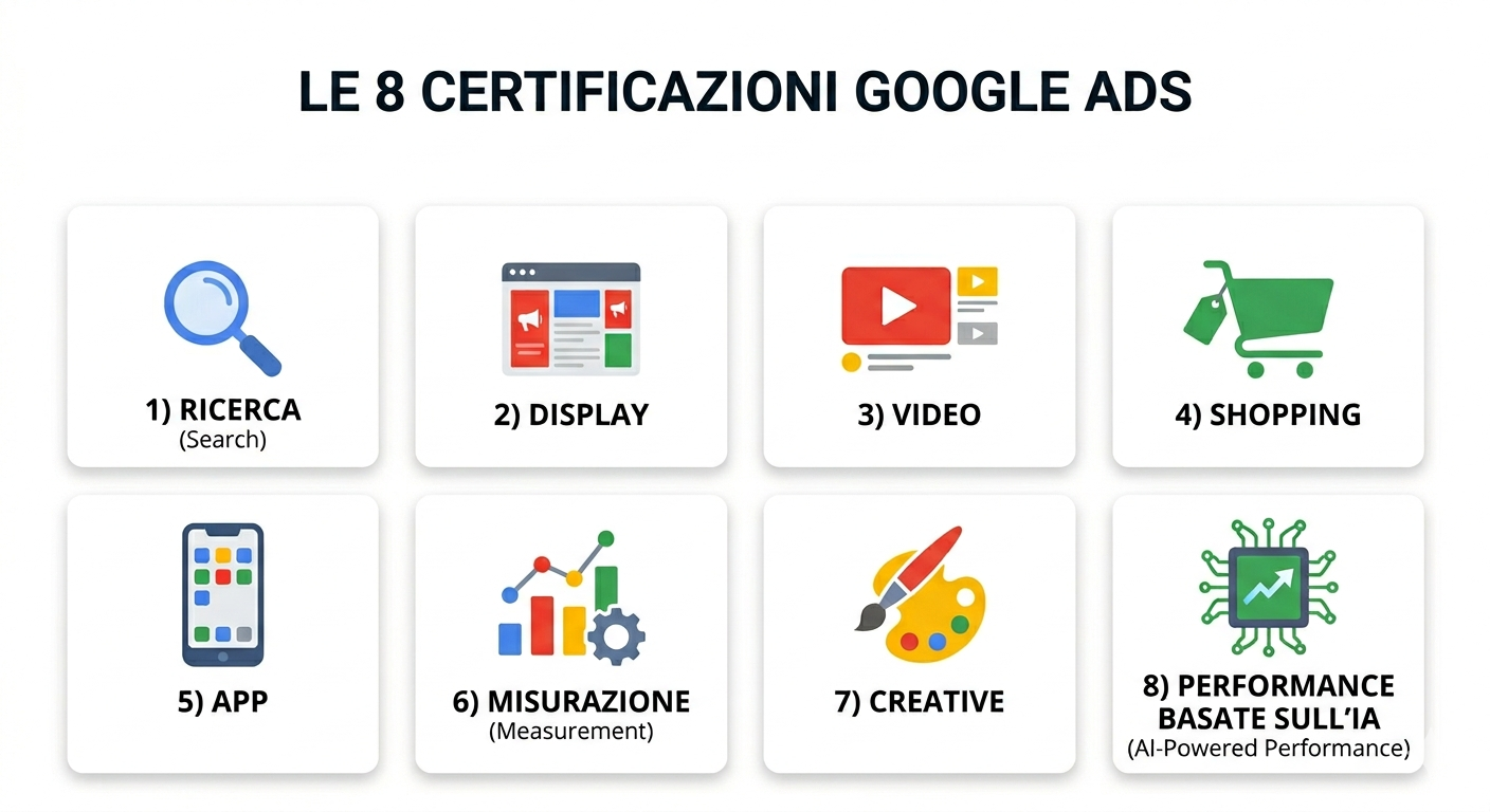 Infografica delle 8 certificazioni Google Ads 2026: Search, Display, Video, Shopping, Apps, Measurement, Creative e AI-Powered Performance