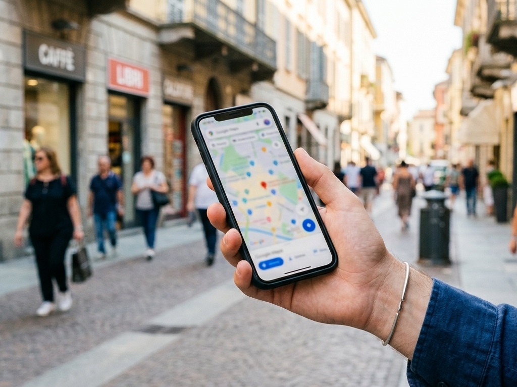 Smartphone con Google Maps e pin di attività locali su sfondo di via commerciale per Local SEO