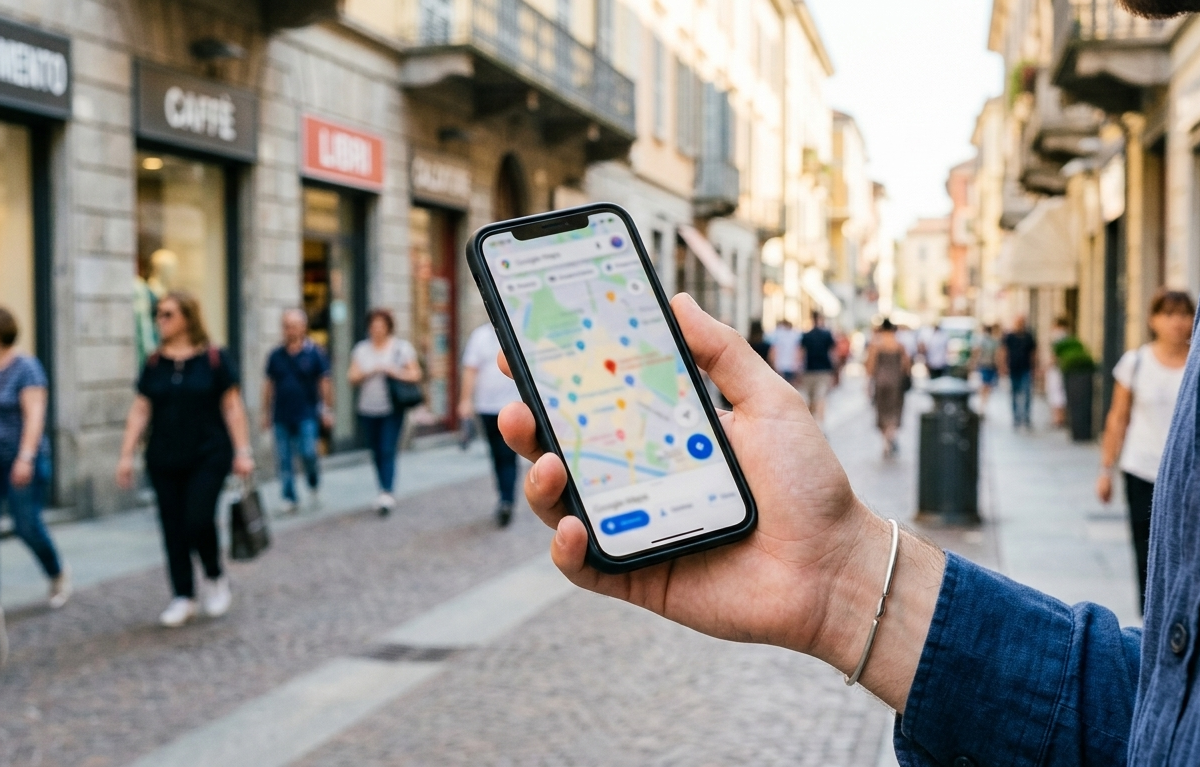LocalSEO Smartphone con Google Maps e pin di attività locali su sfondo di via commerciale per Local SEO