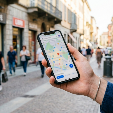 Smartphone con Google Maps e pin di attività locali su sfondo di via commerciale per Local SEO