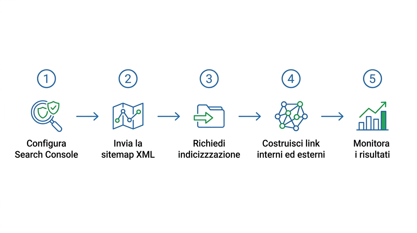 Infografica con i cinque passaggi per indicizzare un sito su Google: Search Console, sitemap, richiesta, link, monitoraggio