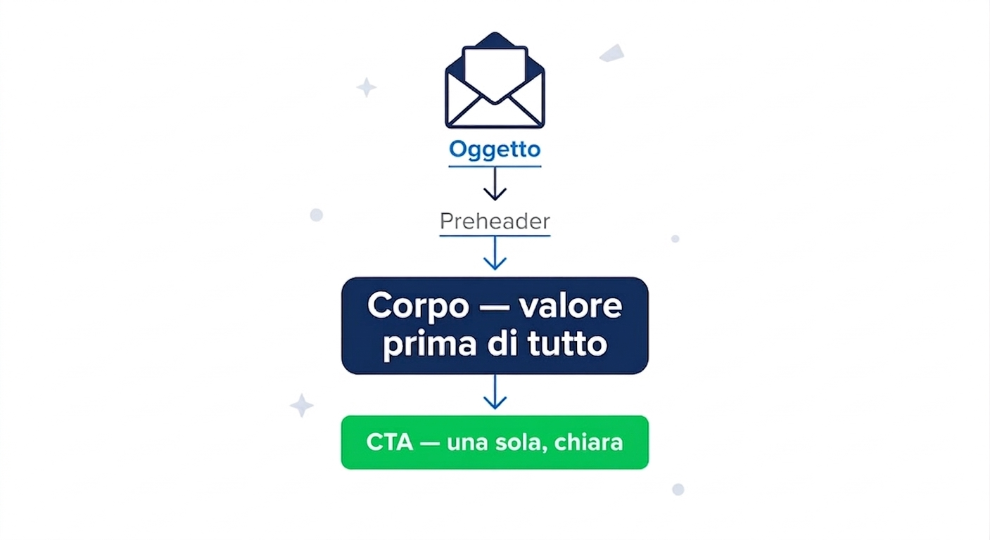 Infografica della struttura di un'email efficace: oggetto, preheader, corpo del messaggio e call to action