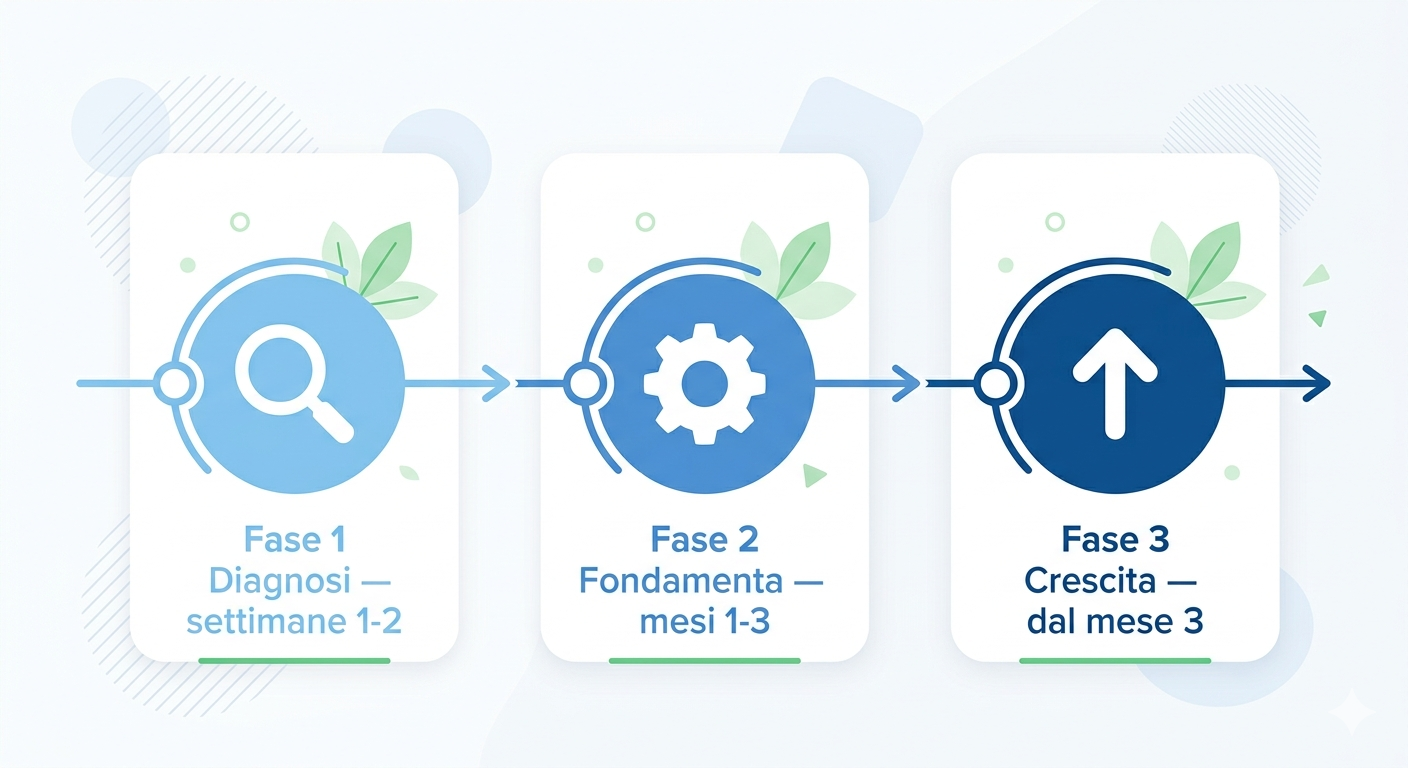 Infografica delle tre fasi di una strategia SEO per aziende: diagnosi, fondamenta, crescita