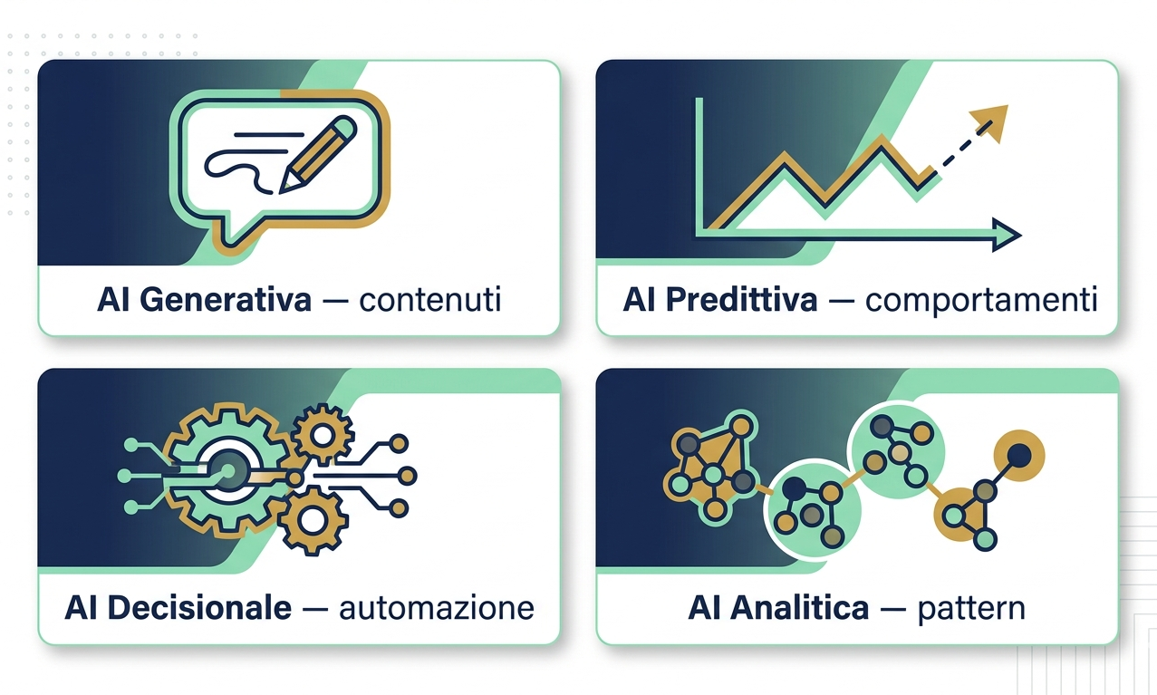 Infografica delle quattro famiglie di intelligenza artificiale applicate al marketing: generativa, predittiva, decisionale, analitica