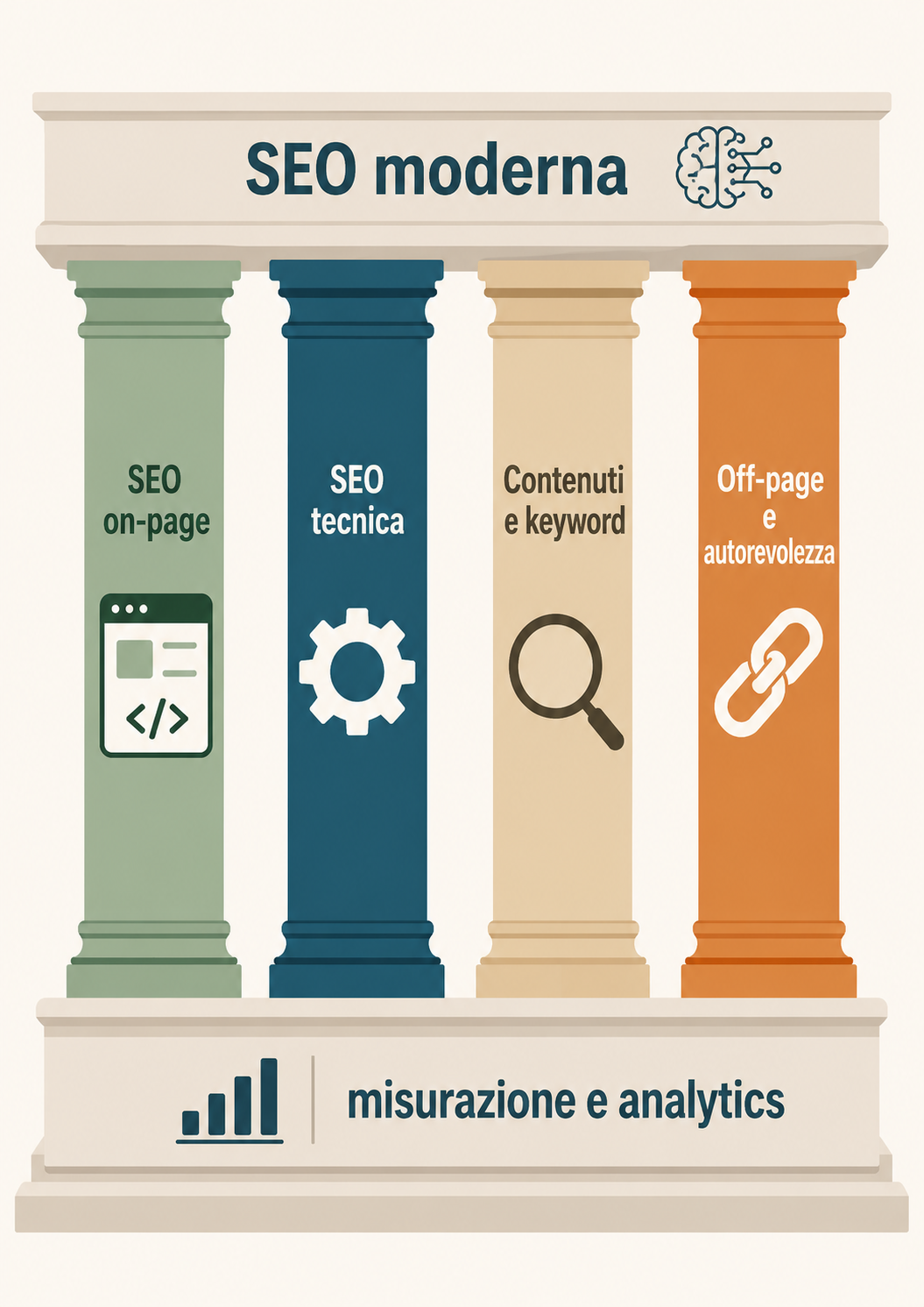 Infografica con le quattro colonne di un corso SEO completo: on-page, tecnica, contenuti e off-page