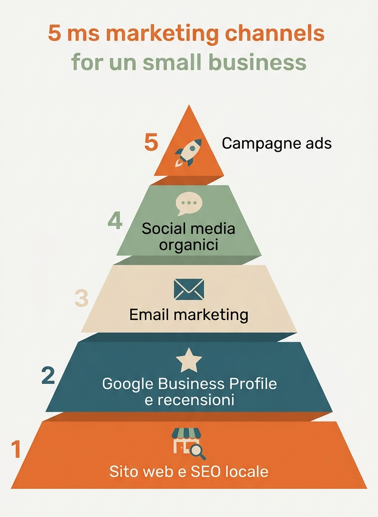 Infografica della piramide dei canali di marketing per piccole imprese: SEO locale, Google Business, email, social, ads