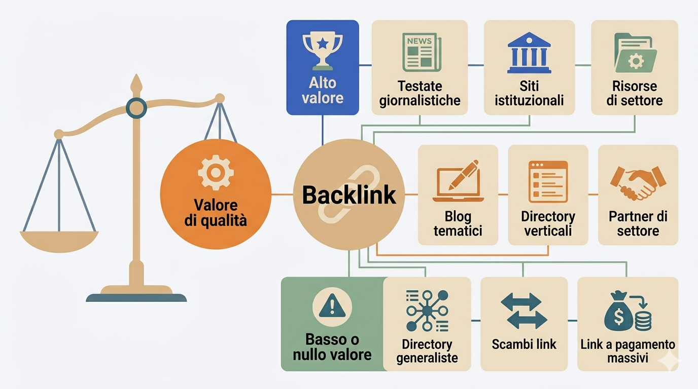 Infografica della scala di qualità dei backlink: alto, medio e basso valore con esempi concreti