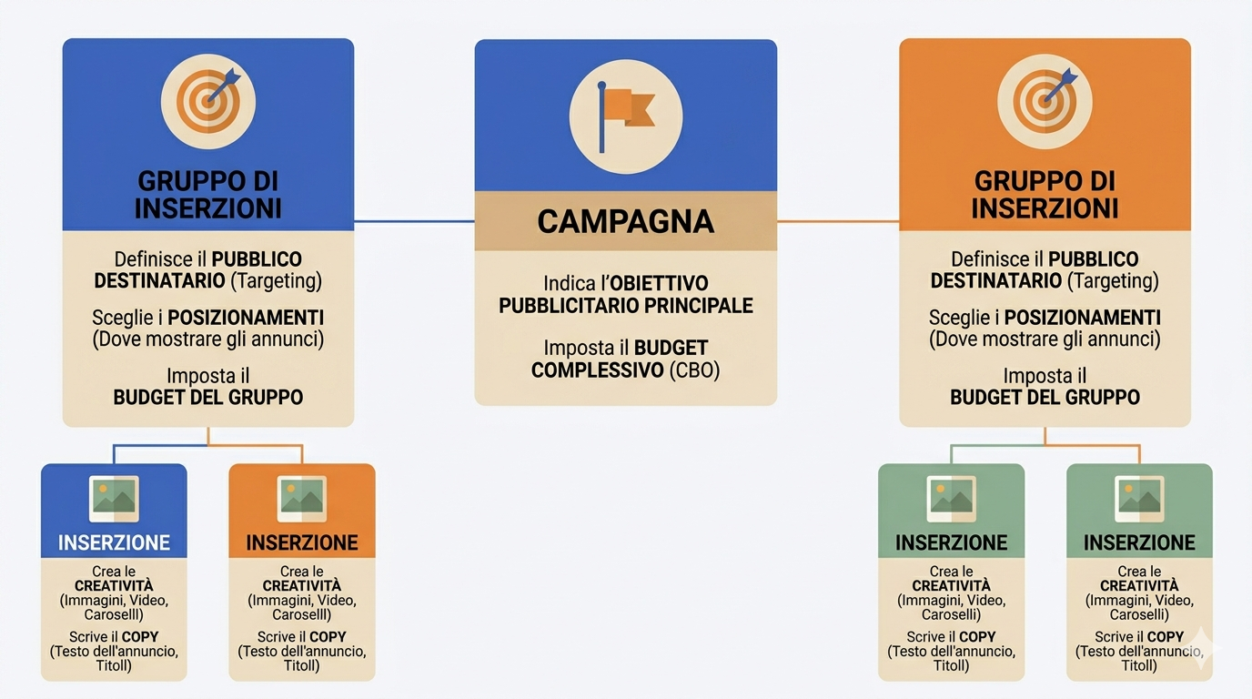 Infografica della struttura a tre livelli di una campagna Facebook Ads: campagna, gruppo di inserzioni, inserzione