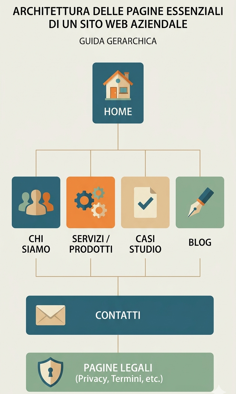 Infografica della struttura essenziale di un sito web aziendale: home, chi siamo, servizi, casi studio, blog, contatti