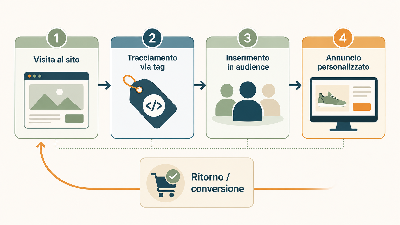 Infografica del funnel del remarketing in quattro tappe: visita, tracciamento, audience, annuncio