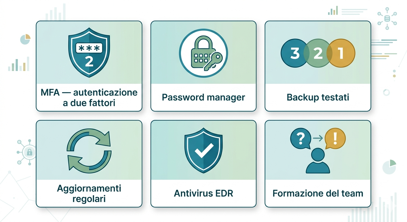 Infografica delle sei azioni essenziali per la sicurezza informatica di una PMI: MFA, password manager, backup, aggiornamenti, antivirus, formazione