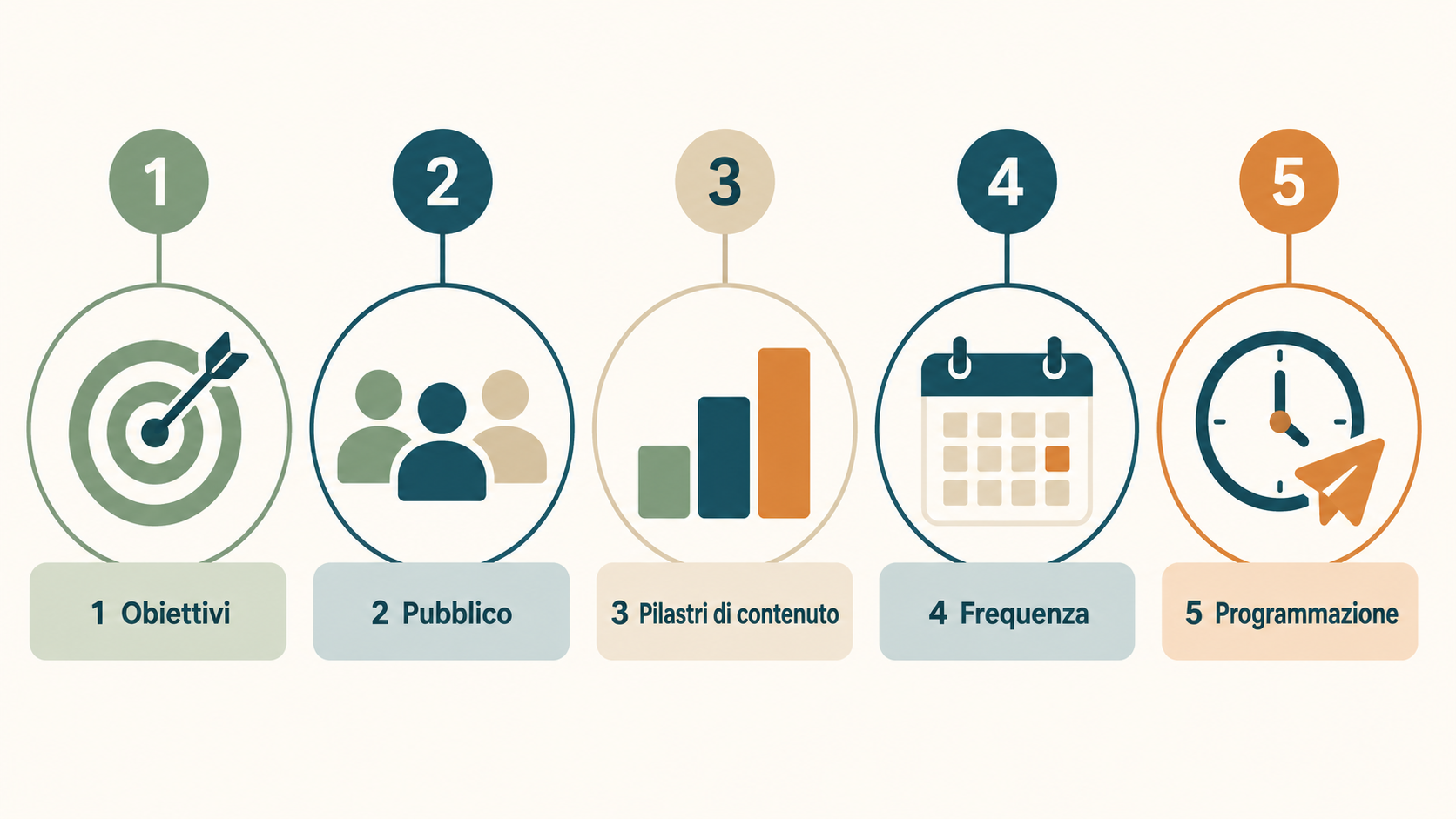 Infografica dei cinque passi per costruire un calendario editoriale social: obiettivi, pubblico, pilastri, frequenza, programmazione
