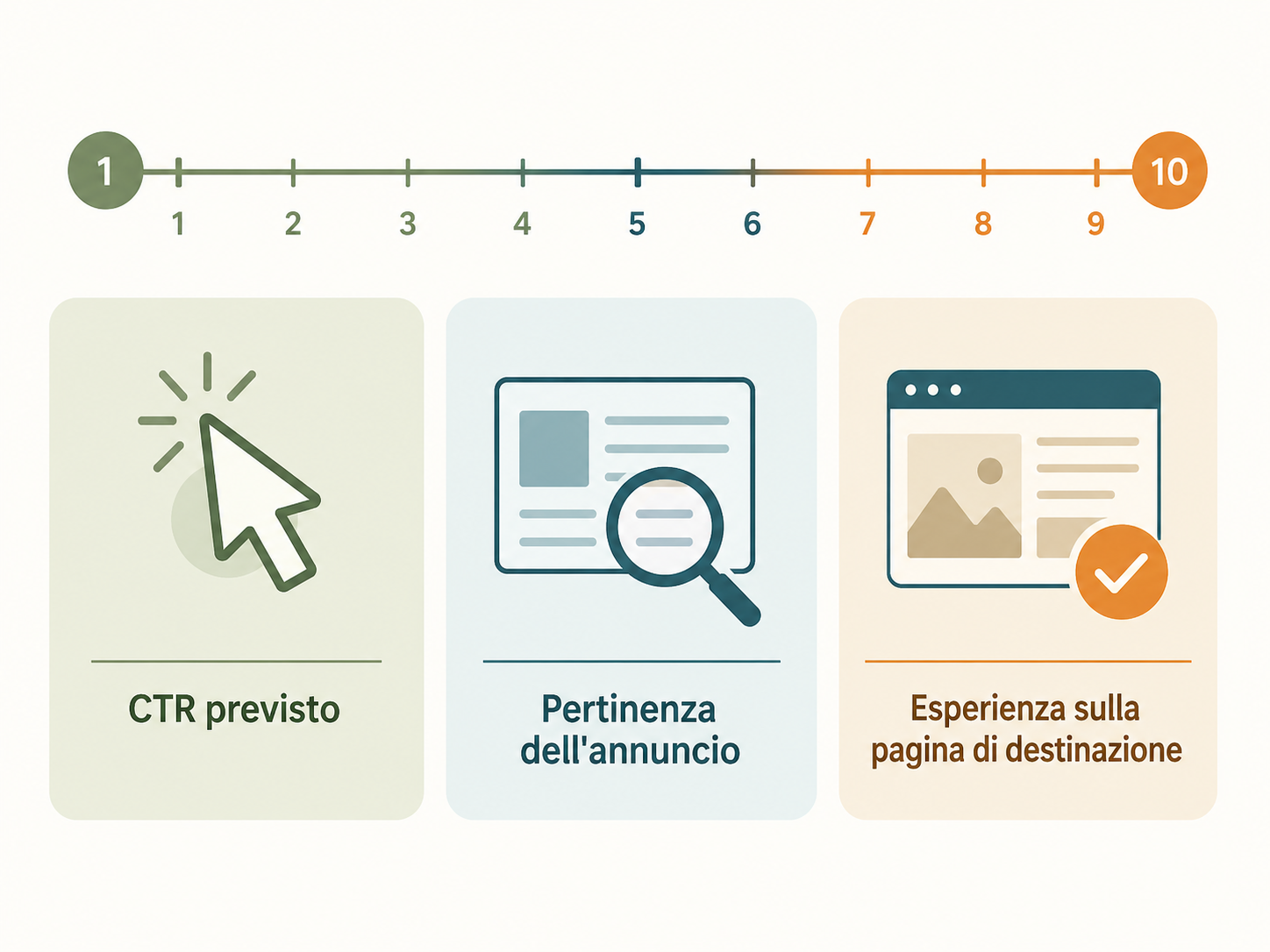 Infografica delle tre componenti del Quality Score di Google Ads: CTR previsto, pertinenza dell'annuncio ed esperienza sulla pagina