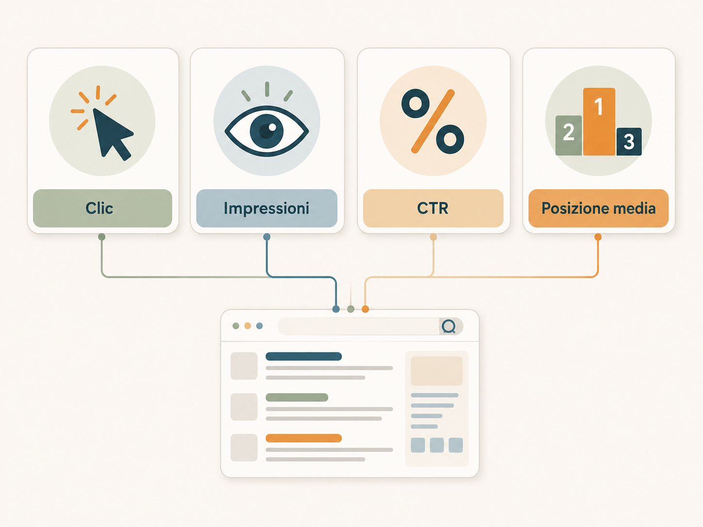 Infografica delle quattro metriche di Google Search Console: clic, impressioni, CTR e posizione media