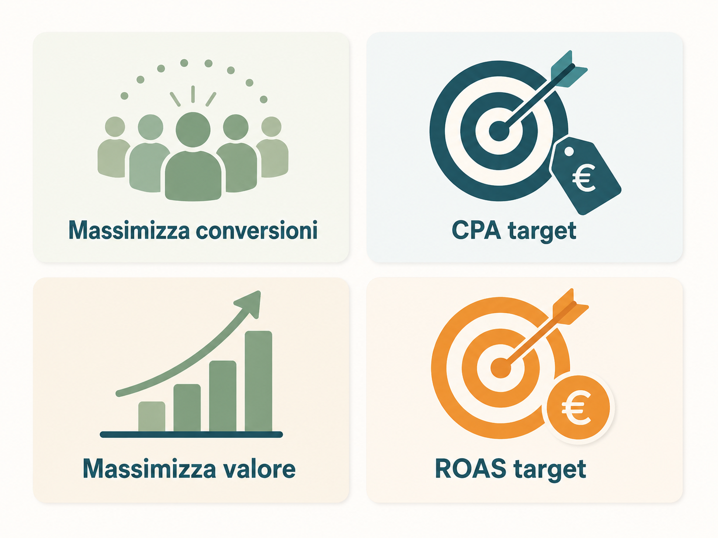 Infografica delle quattro strategie di Smart Bidding di Google Ads: massimizza conversioni, CPA target, massimizza valore, ROAS target