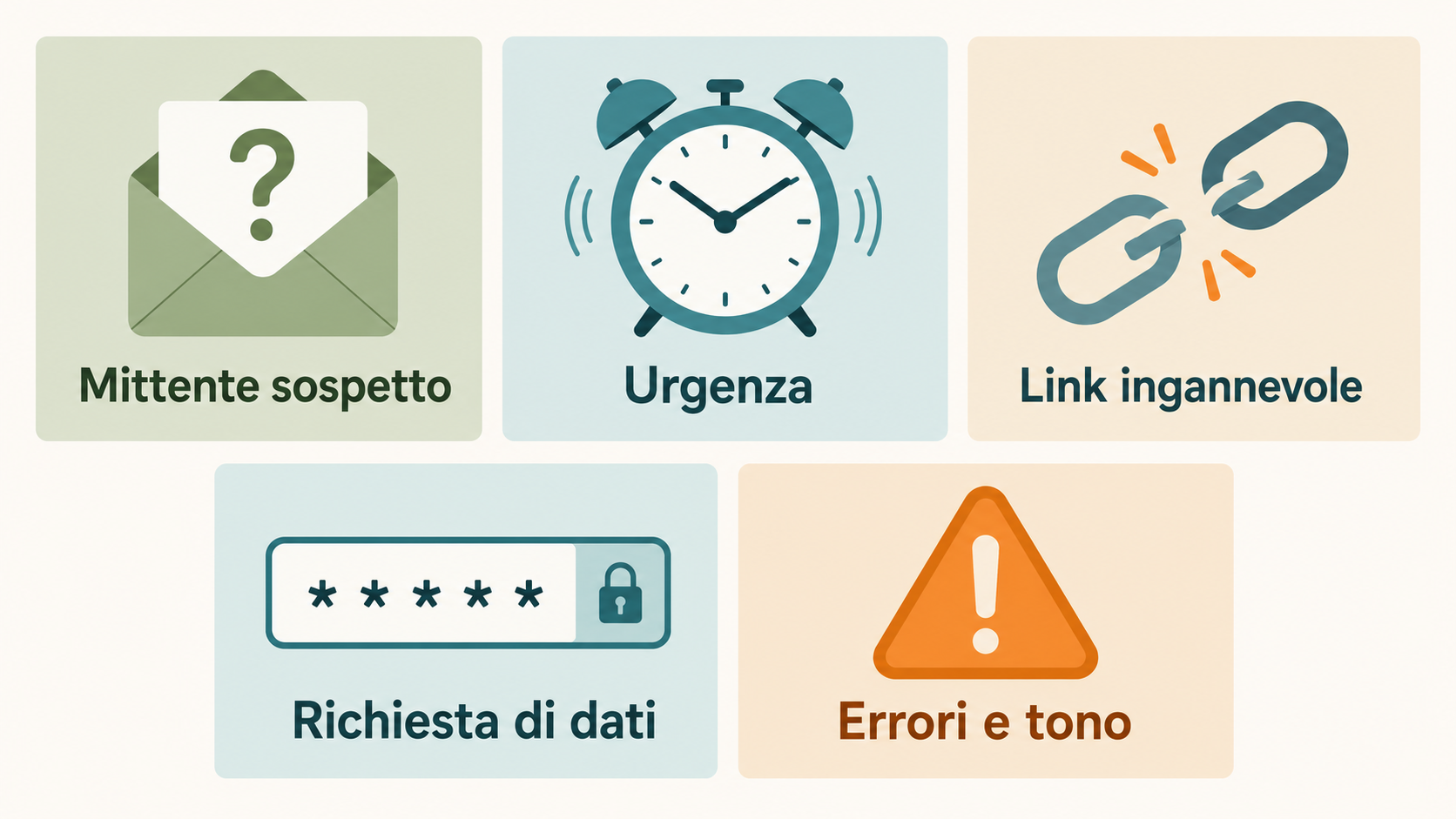 Infografica dei cinque segnali per riconoscere il phishing: mittente sospetto, urgenza, link ingannevole, richiesta di dati, errori e tono