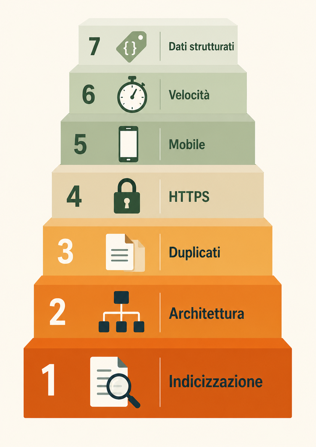 Infografica delle sette aree della SEO tecnica in ordine di priorità: indicizzazione, architettura, duplicati, HTTPS, mobile, velocità, dati strutturati
