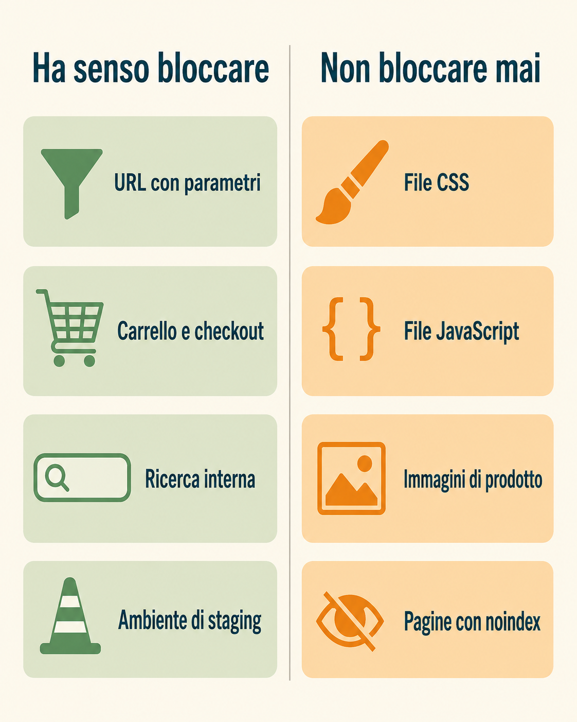 Infografica che confronta cosa ha senso bloccare nel robots txt (parametri, carrello, ricerca interna, staging) e cosa non bloccare mai (CSS, JavaScript, immagini, pagine con noindex)