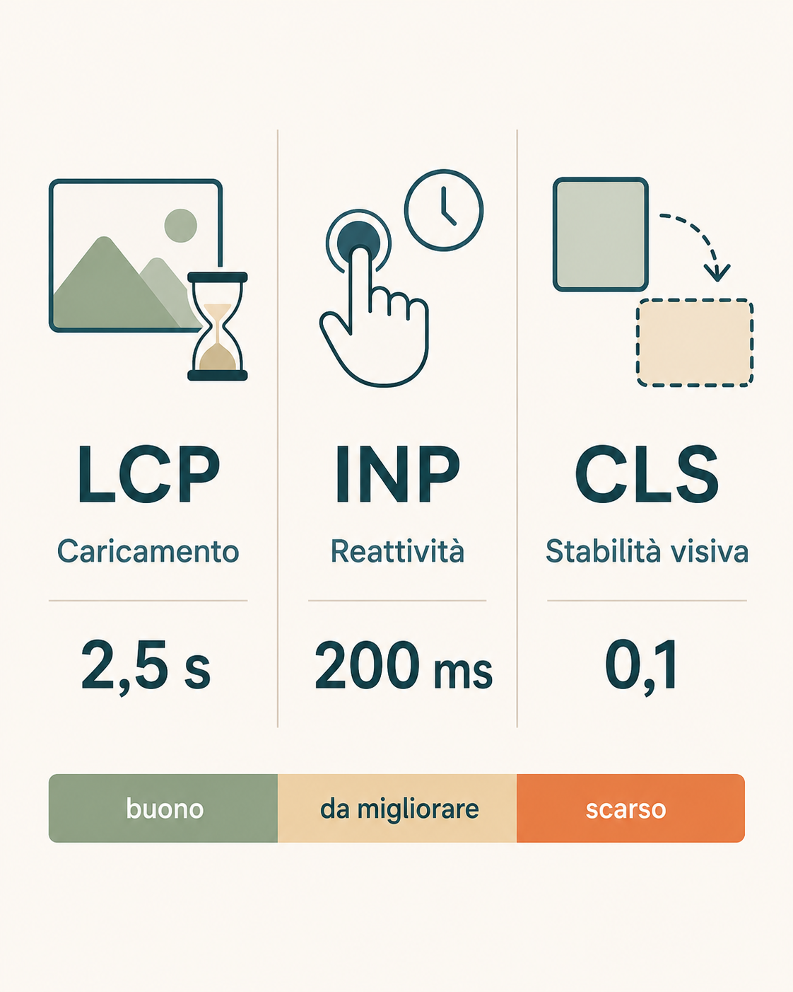 Infografica delle tre metriche Core Web Vitals con le soglie ufficiali: LCP 2,5 secondi, INP 200 millisecondi, CLS 0,1