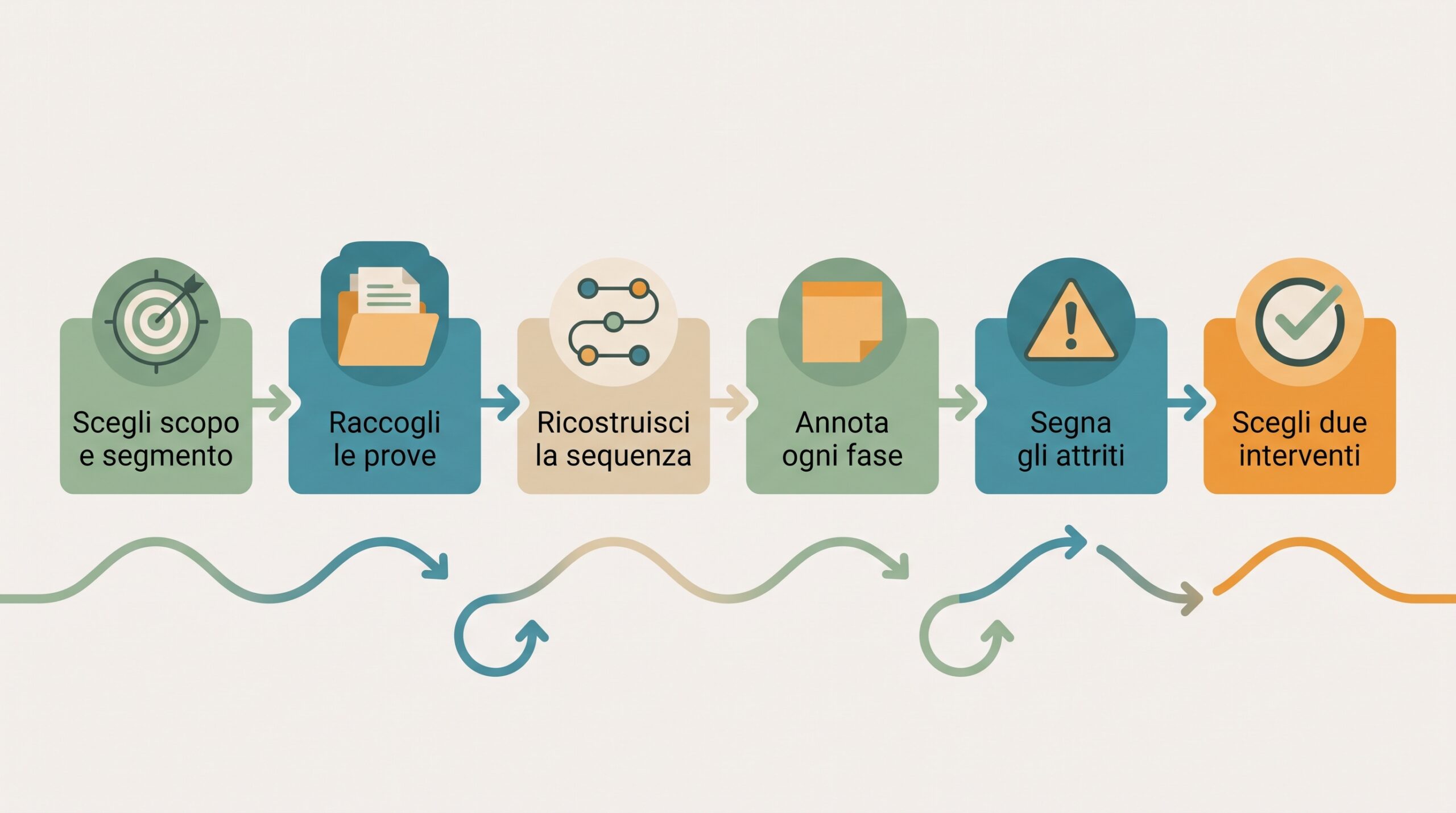Infografica dei sei passaggi per mappare il customer journey: scegliere scopo e segmento, raccogliere le prove, ricostruire la sequenza, annotare ogni fase, segnare gli attriti, scegliere due interventi