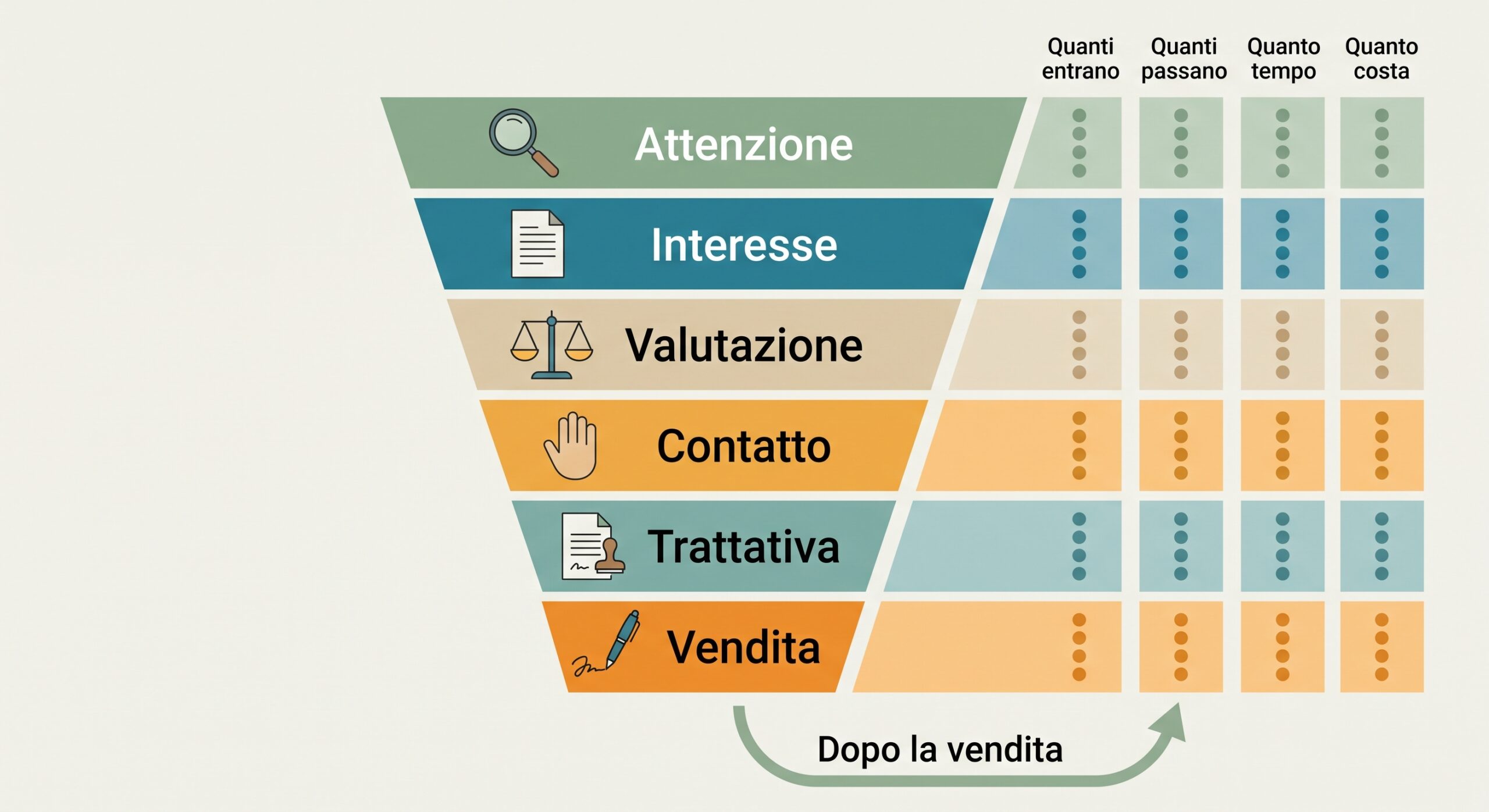 Infografica a imbuto con le sei fasi del funnel di vendita, attenzione, interesse, valutazione, contatto, trattativa e vendita, e i quattro numeri da misurare in ogni fase