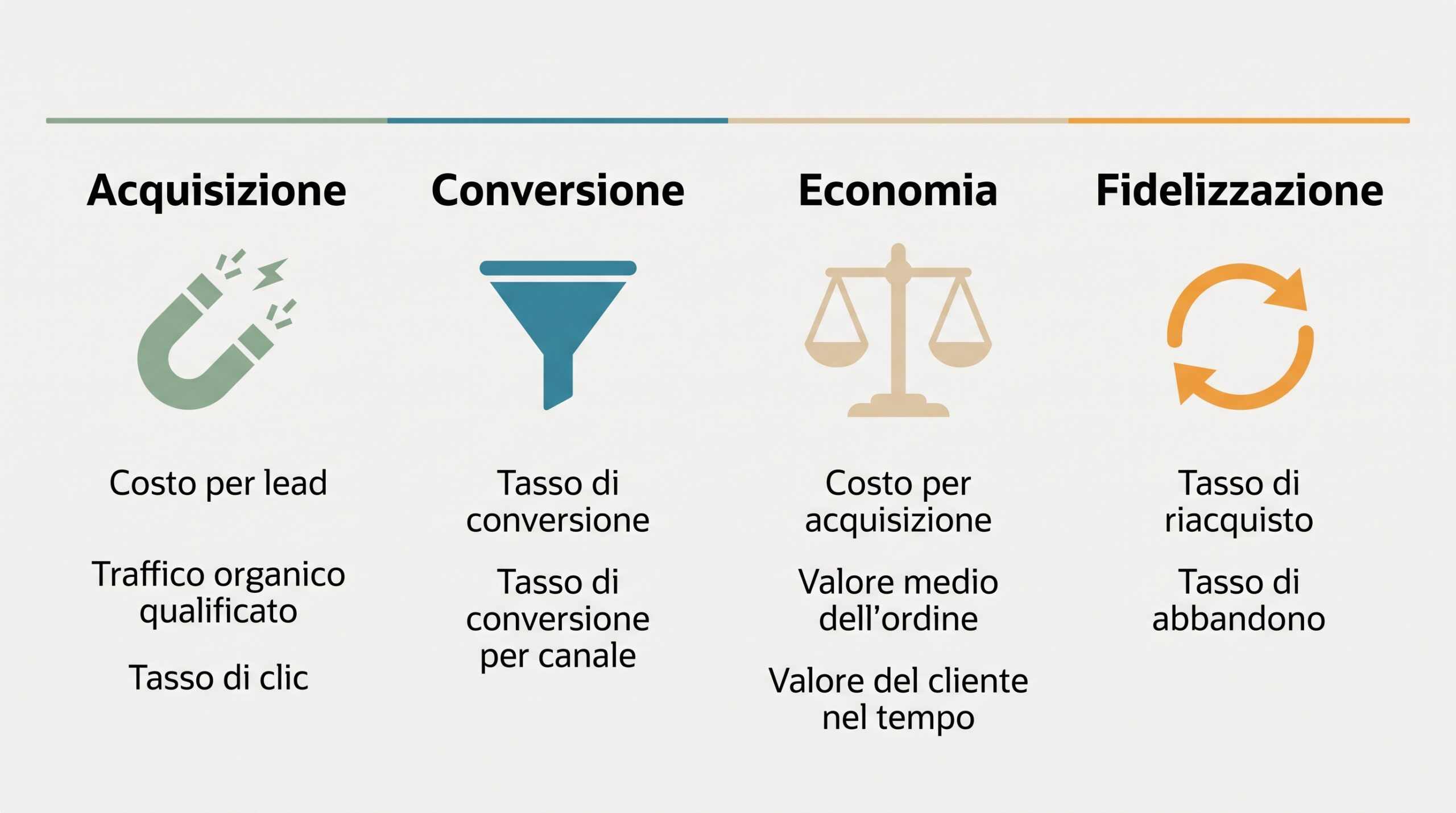 Infografica dei KPI di marketing divisi in quattro fasi: acquisizione, conversione, economia e fidelizzazione