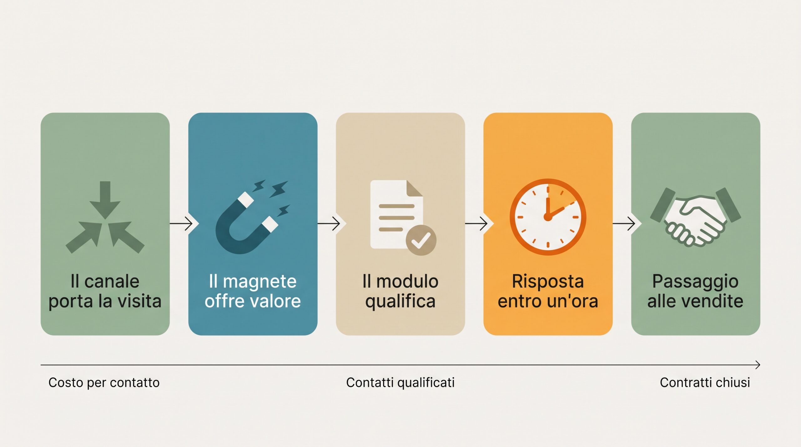 Infografica del percorso di un contatto: il canale porta la visita, il magnete offre valore, il modulo qualifica, la risposta arriva entro un'ora, il contatto passa alle vendite
